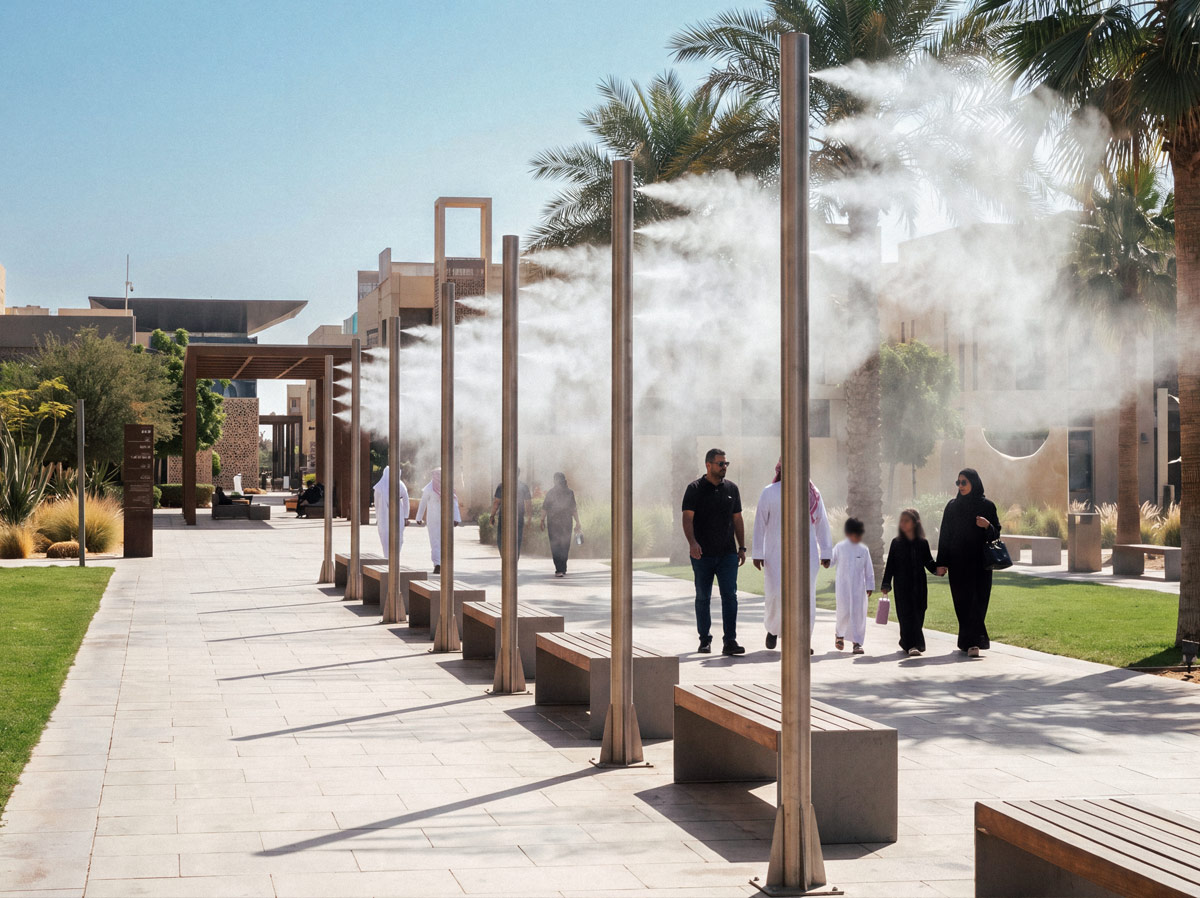 FGP Series directional misting poles along a walkway