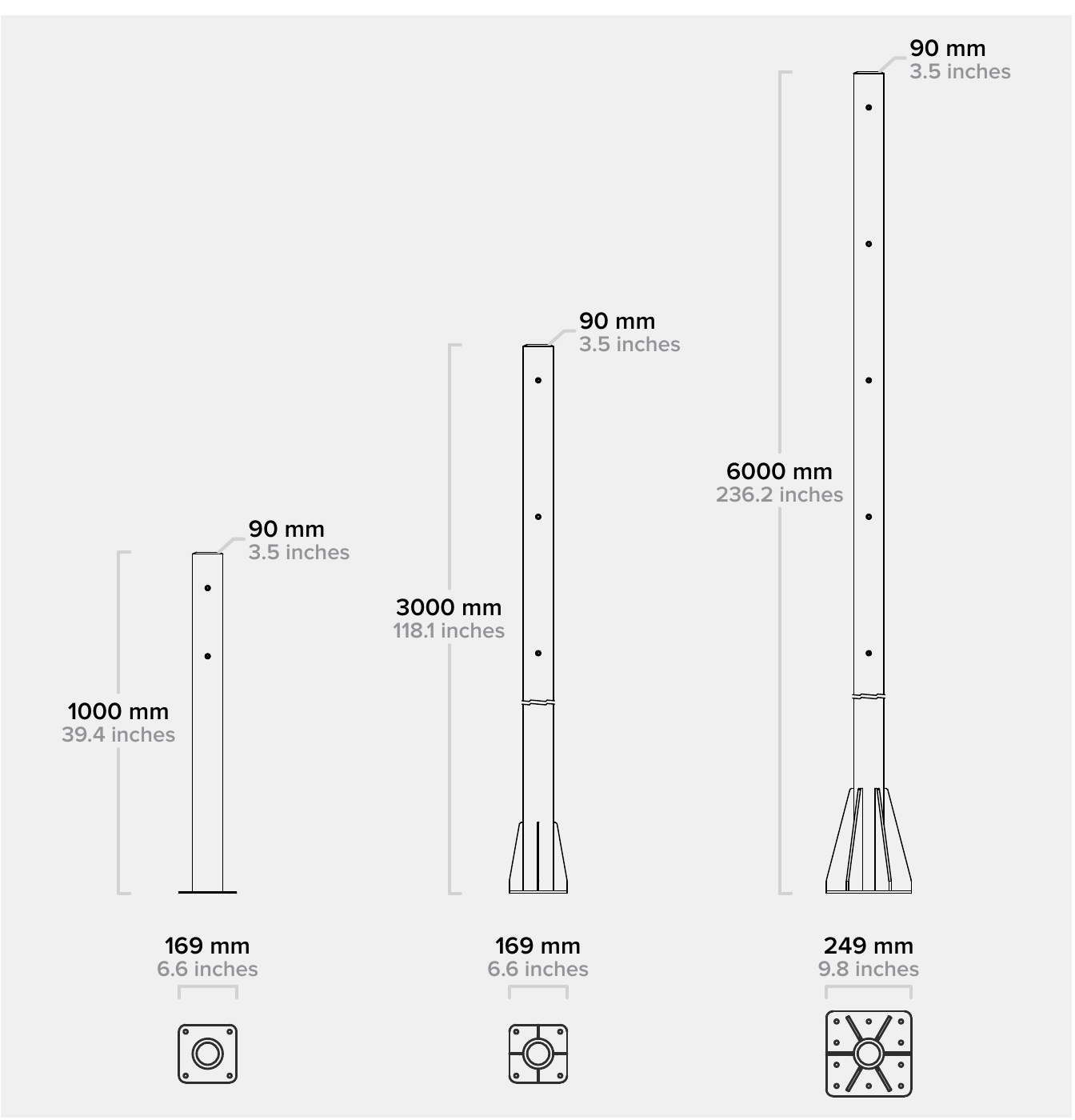 Dimensional drawings of FGP1000, FGP3000 and FGP6000 misting poles: 90 mm diameter, heights of 1000, 3000 and 6000 mm, base plates of 169 to 249 mm