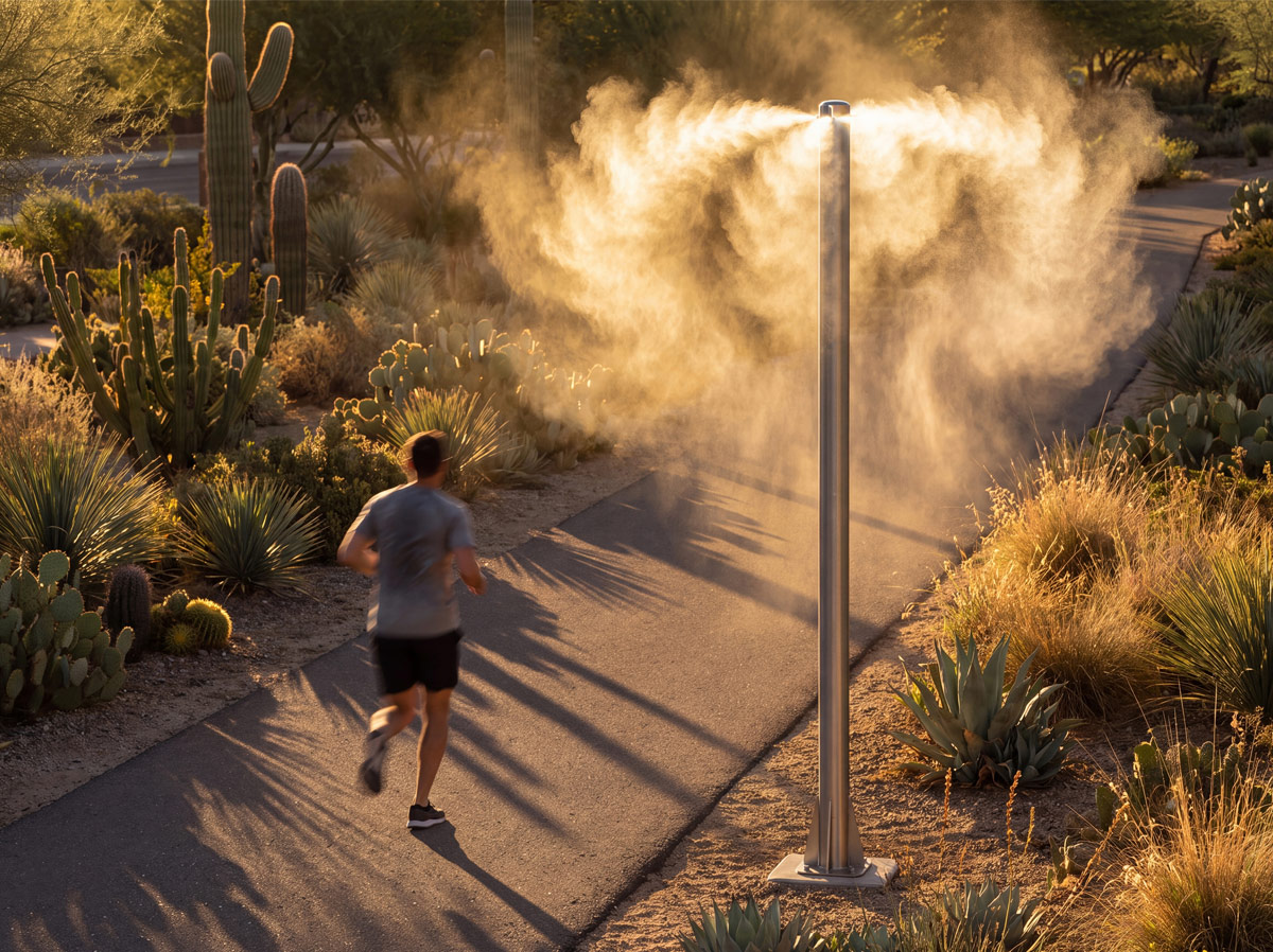 FGU Series umbrella misting pole with radial fog crown on a desert path