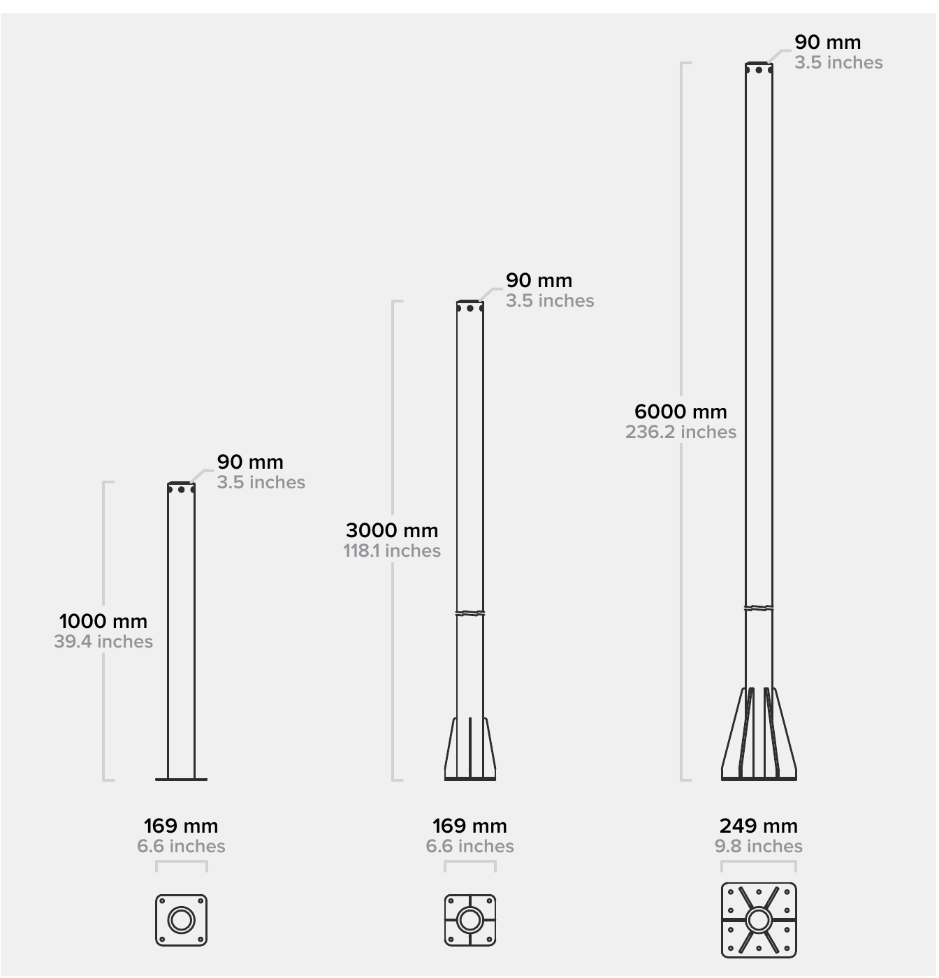 Dimensional drawings of FGU1000, FGU3000 and FGU6000 umbrella misting poles: 90 mm diameter, heights of 1000, 3000 and 6000 mm, base plates of 169 to 249 mm