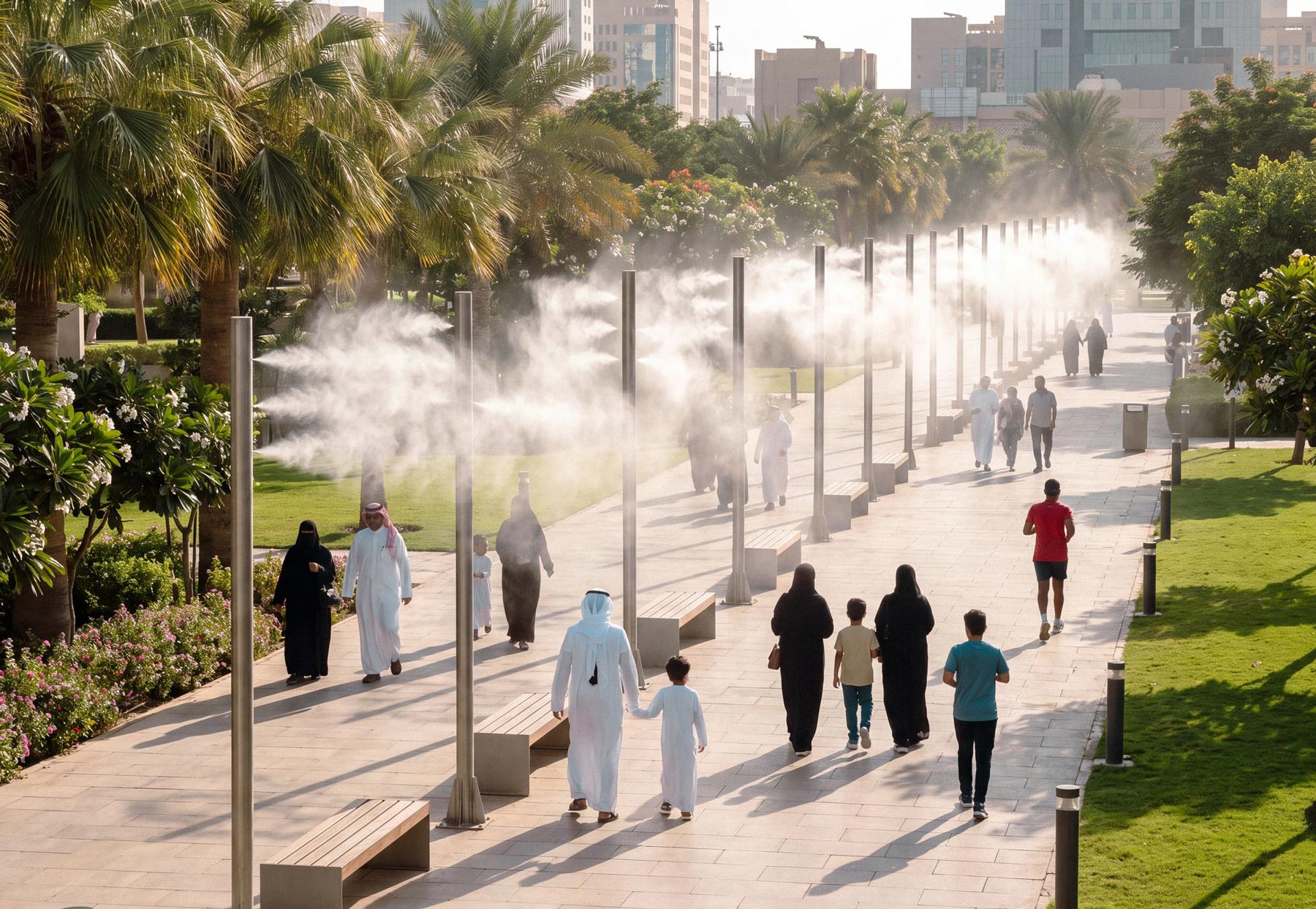City park promenade with rows of Fontana misting poles creating a cooling fog corridor for pedestrians