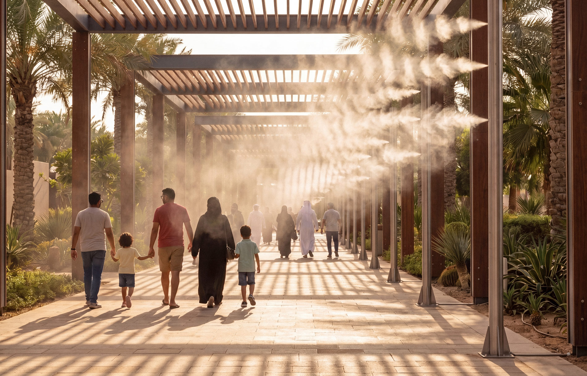 Families walking through a shaded pergola walkway cooled by Fontana misting poles releasing fine directional fog