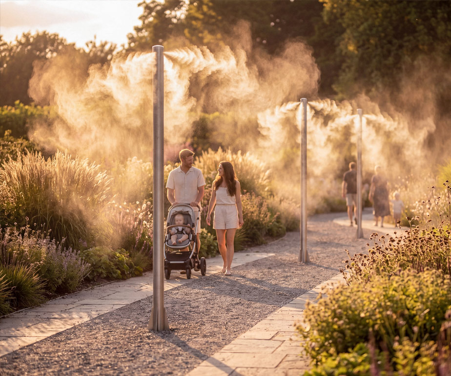 Shaded pergola walkway with misting poles cooling families as they walk