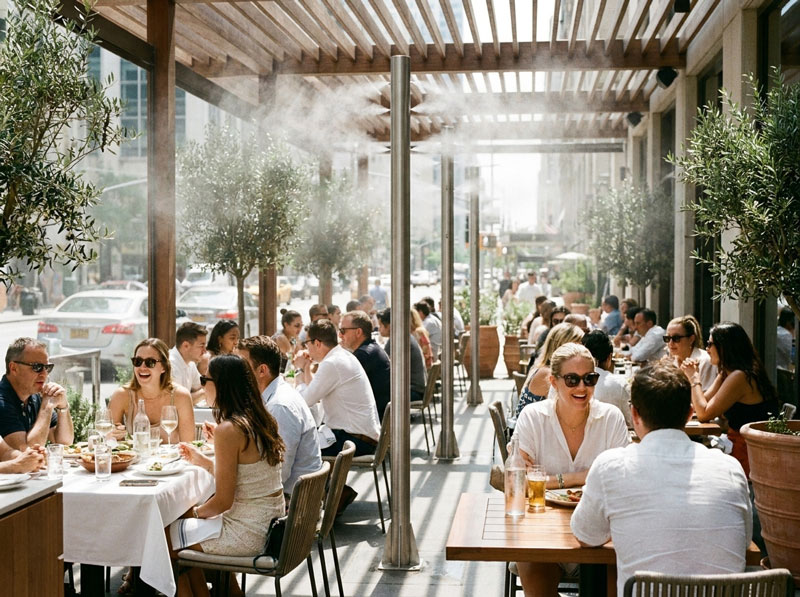  restaurant terrace with slim misting poles cooling diners