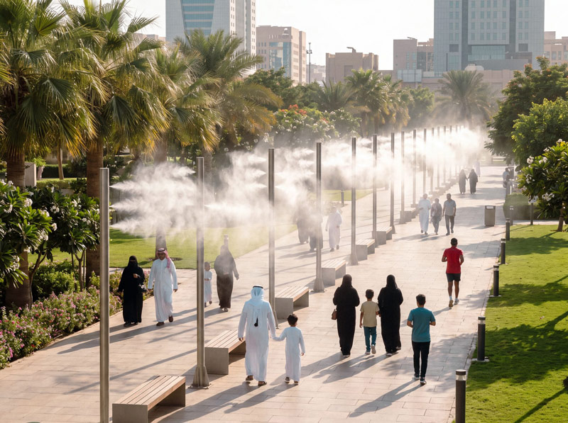Aerial view of a palm-lined park promenade cooled by misting poles